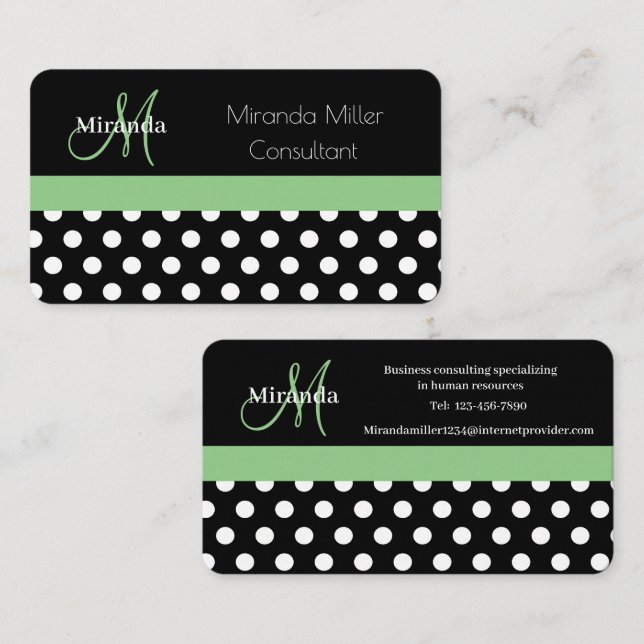 Affärskortet grönt Monogram Black White Polka Dot Visitkort (Fram/baksida)