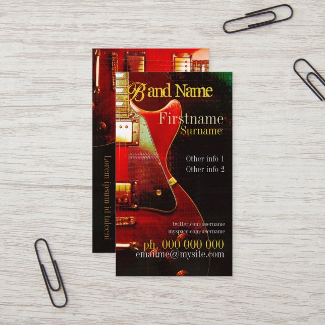 AFFÄRSKORTET GUITAR "GrungeRed"-Lodrät Visitkort (Fram/Back In Situ)