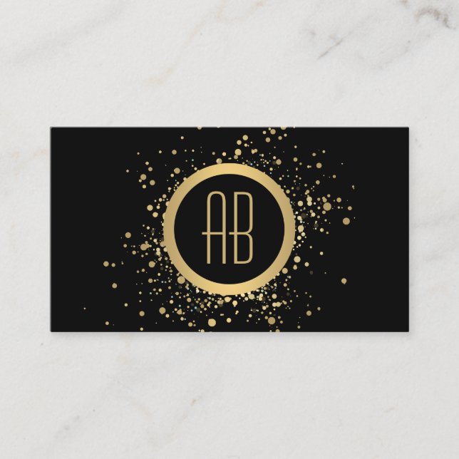 Affärskortet Guld Confetti Circle Monogram Black Visitkort (Framsida)