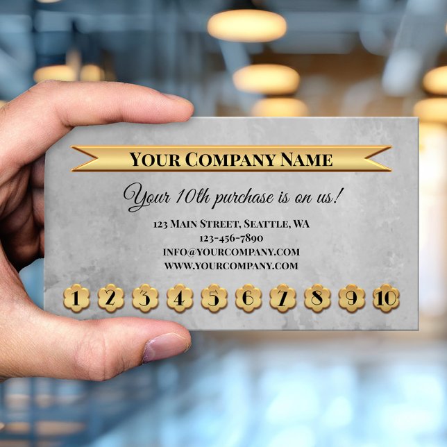 Affärskortet Guld Grått Loyalty Slår kort (Professional grey artistic loyalty business card with gold metallic punch numbers - customer reward)