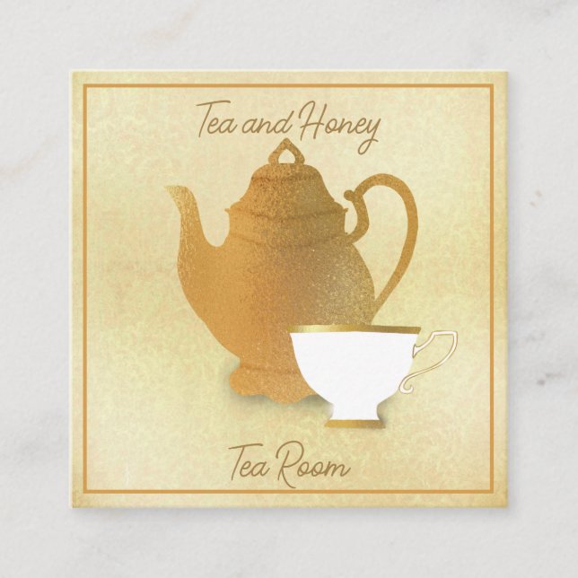 Affärskortet Guld Tekanna och Kopp Tea Room Fyrkantigt Visitkort (Framsida)