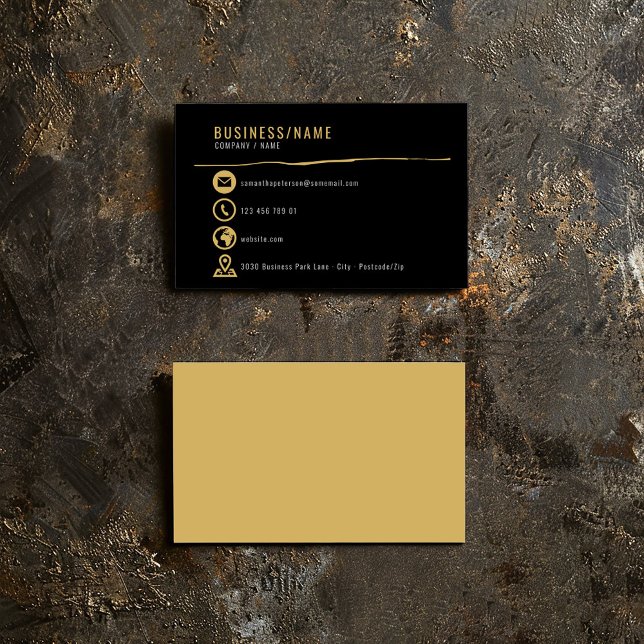 affärskortet guld visitkort (Gold icons business card on a bold black background.)