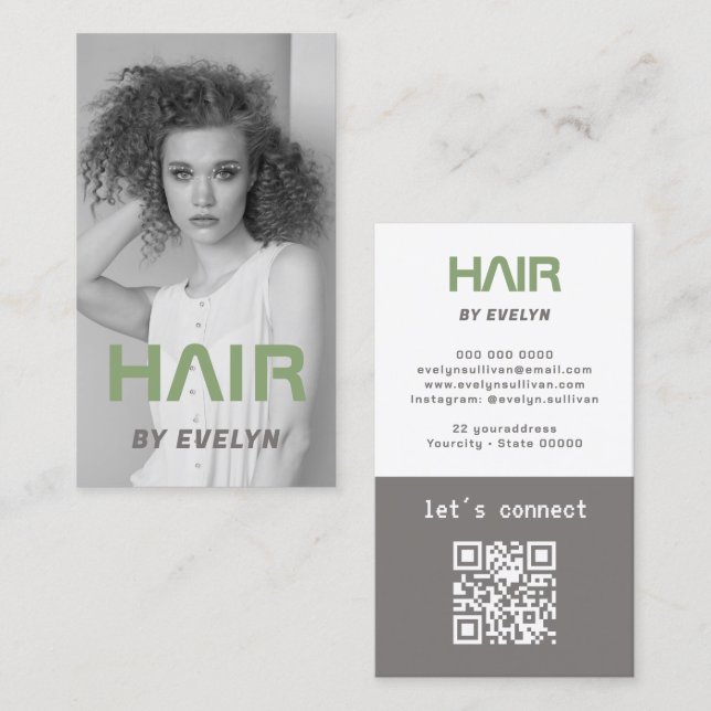 Affärskortet Hair Black White Photo QR Code Visitkort (Fram/baksida)