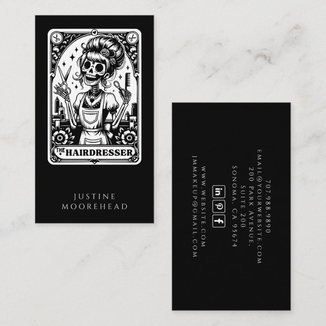 Affärskortet Hair Stylist Tarot Black Visitkort (Fram/baksida)