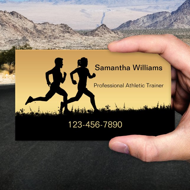 Affärskortet Köra Athletics Sports Coach Visitkort (Elegant sports or fitness coach business card featuring a silhouette of two people running )