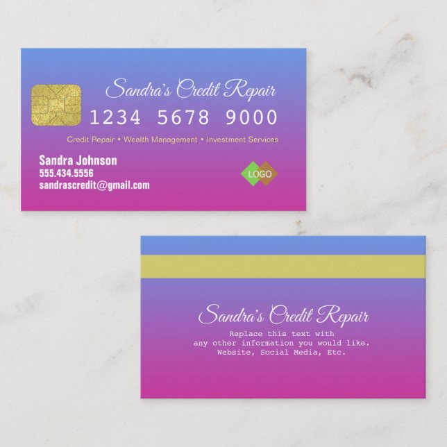Affärskortet Kredit Card Blue och Rosa Glitter Visitkort (Fram/baksida)