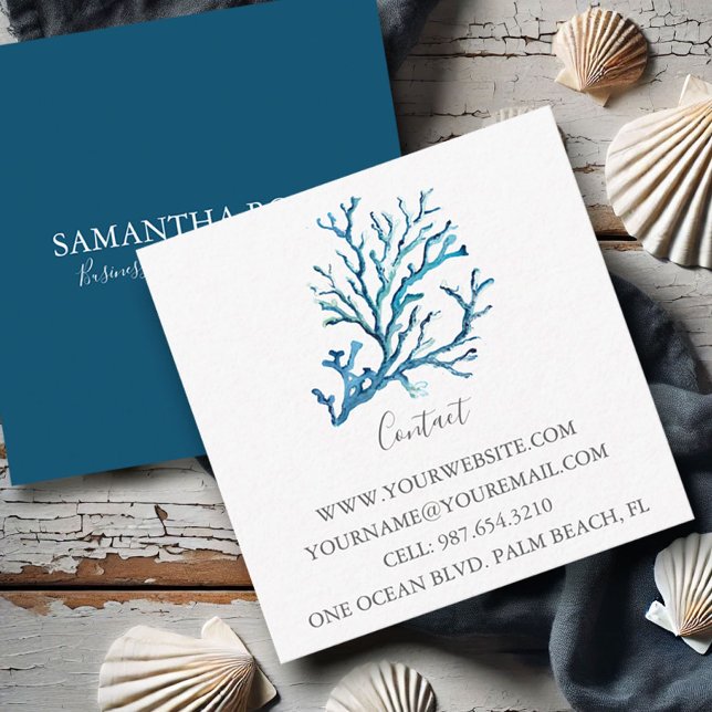 Affärskortet Kustblåhavskorallat Fyrkantigt Visitkort (Watercolor business cards sea coral art by Victoria Grigaliunas of Do Tell A Belle)
