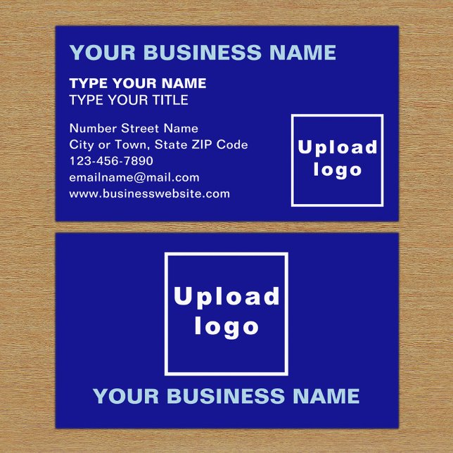 Affärskortet lämnat justerade texter blått visitkort (The front and back of the blue business card)