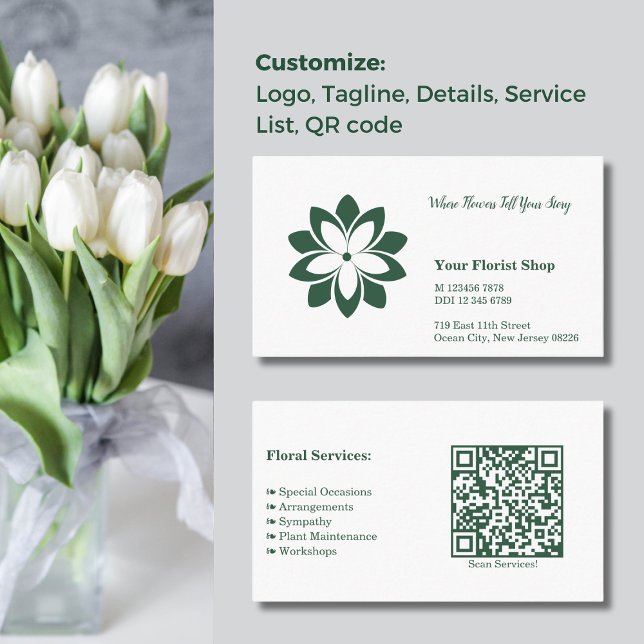 Affärskortet Ligcape White & Grönt Florist Shop Lojalitetskort (Landscape White & Green Florist Shop Business Card, Custom Logo, Tagline, Details, Service, QR code)