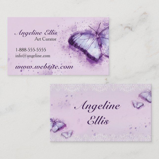 Affärskortet lila Butterfly Watercolor Visitkort (Fram/baksida)