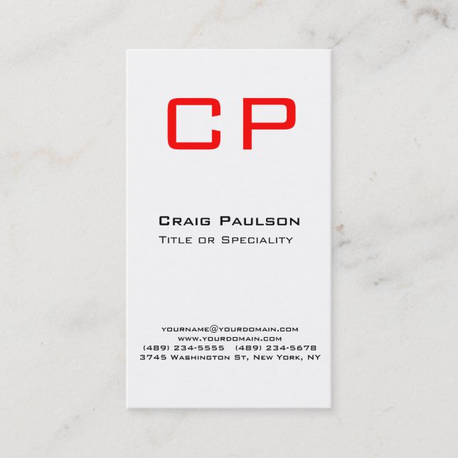 Affärskortet lodrät Red Black White Monogram Visitkort (Framsida)