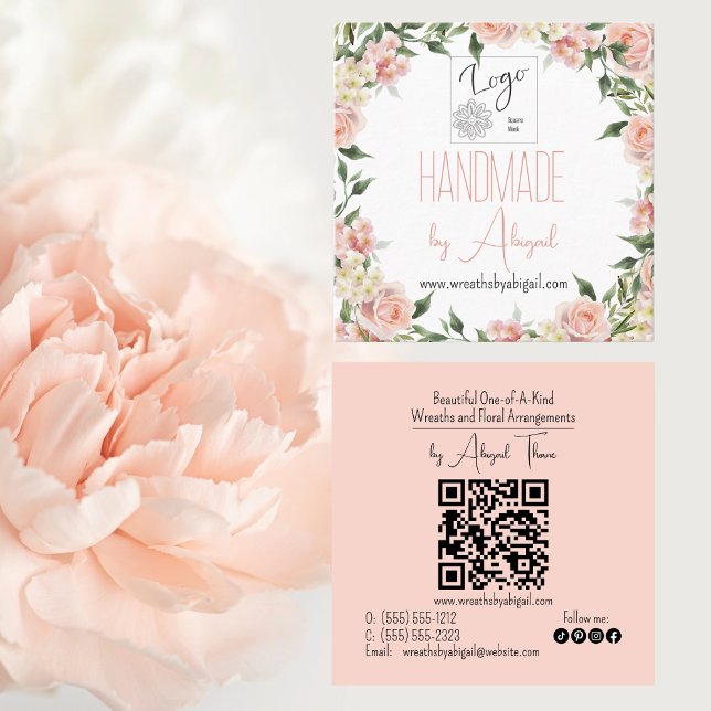Affärskortet logotyp Ro Blommigt Handmade Crawing  Fyrkantigt Visitkort (Pink Rose Floral Handmade Crafting Logo QR Code Square Business Cards)