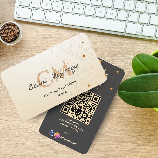 Affärskortet Luxury Black & Guld Monogram med QR Visitkort (Luxury Black & Gold Monogram Business Card with QR Code )
