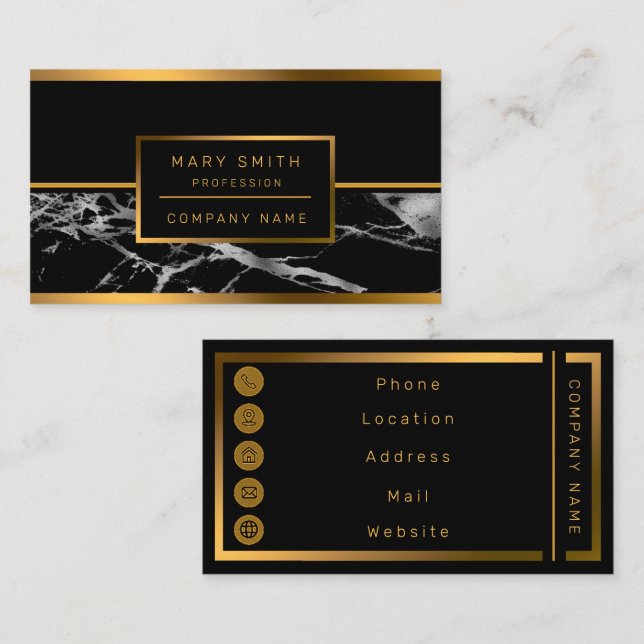 Affärskortet Luxury Silver Black Marble Customize Visitkort (Fram/baksida)