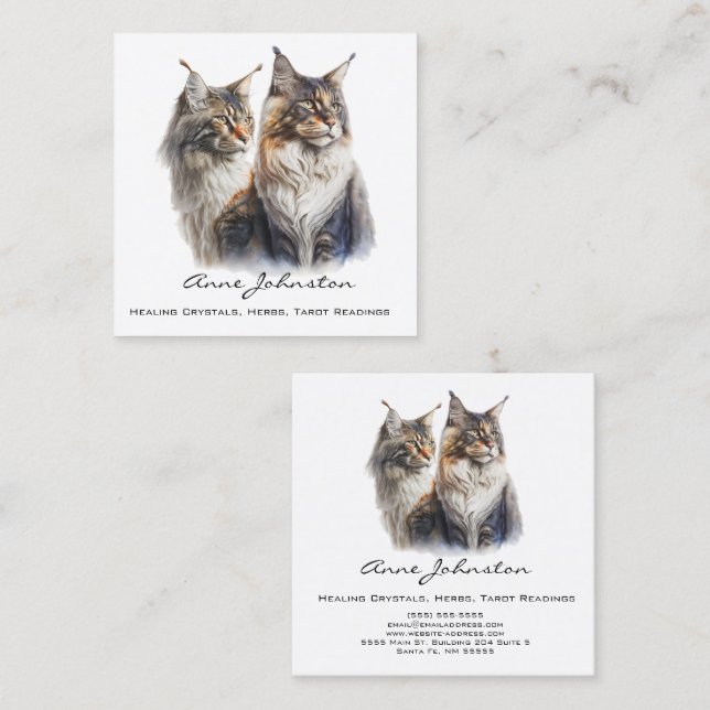 Affärskortet Maine Coon Cats Square Fyrkantigt Visitkort (Fram/baksida)