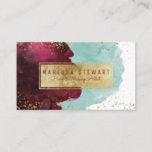 Affärskortet Marsala Red Teal Watercolor Guld