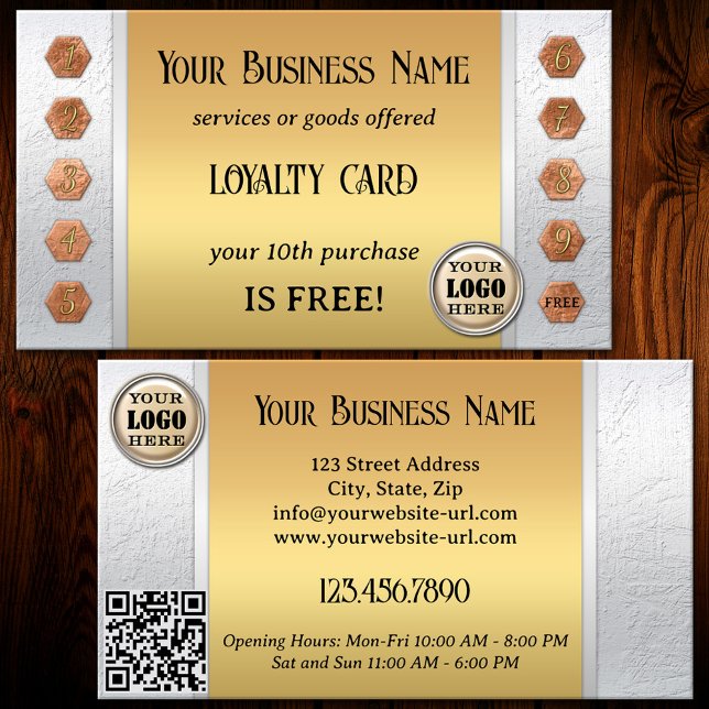 Affärskortet med förmånstullar i elegant Guld Lojalitetskort (A modern chic loyalty business card featuring a gold image on silver with rose gold punch numbers)