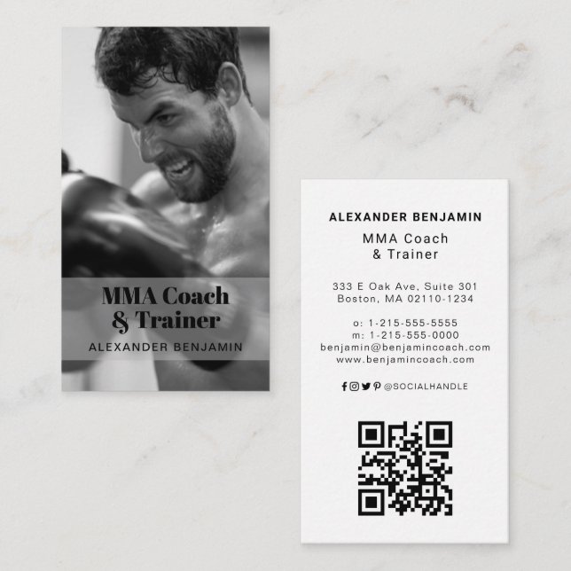 Affärskortet MMA Coach & Trainer Photo QR Code Visitkort (Fram/baksida)