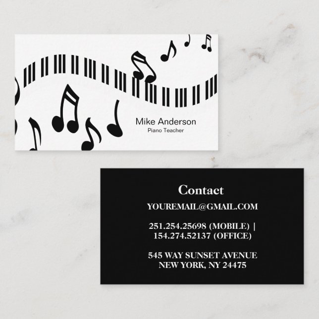 Affärskortet Modern Black and White Piano Teacher Visitkort (Fram/baksida)