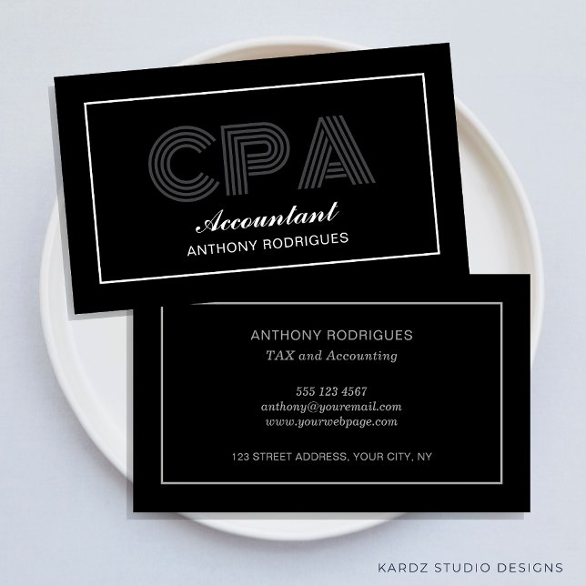 Affärskortet Modern Elegant Accountant Black Visitkort (Accountant business cards shown in 3.5 x 2 inch. size, more sizes and colors are available.)