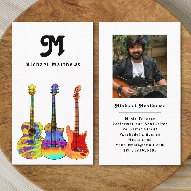 Affärskortet Modern Guitar Teacher Anpassningsbar  Visitkort (Modern retro guitar music teacher professional musician photo black and white simple Business card )