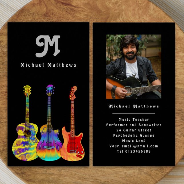 Affärskortet Modern Guitar Teacher Anpassningsbar  Visitkort (Retro modern guitar music teacher professional musician photo Business card Colorful guitar art)