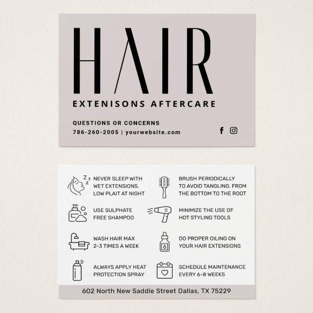 Affärskortet Modern Hair Extensions Aftercare Visitkort (Framsida & baksida)