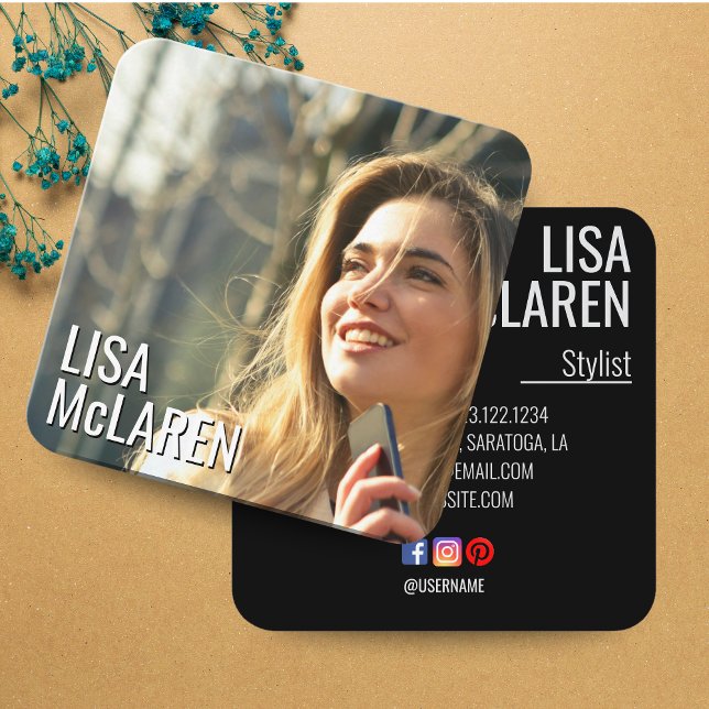 Affärskortet Modern minimalistisk foto med Social  Fyrkantigt Visitkort (Modern Minimalist Photo Business Card w/ Social Media Back)