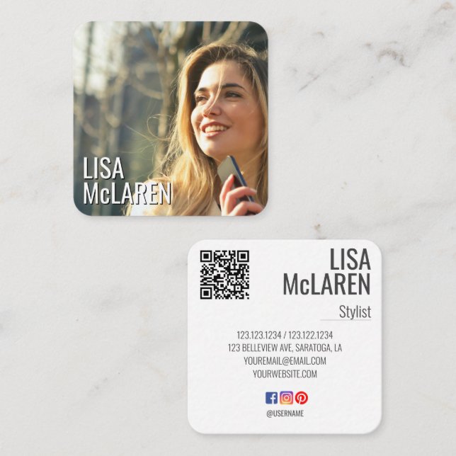 Affärskortet Modern minimalistiskt foto QR-kod Fyrkantigt Visitkort (Fram/baksida)