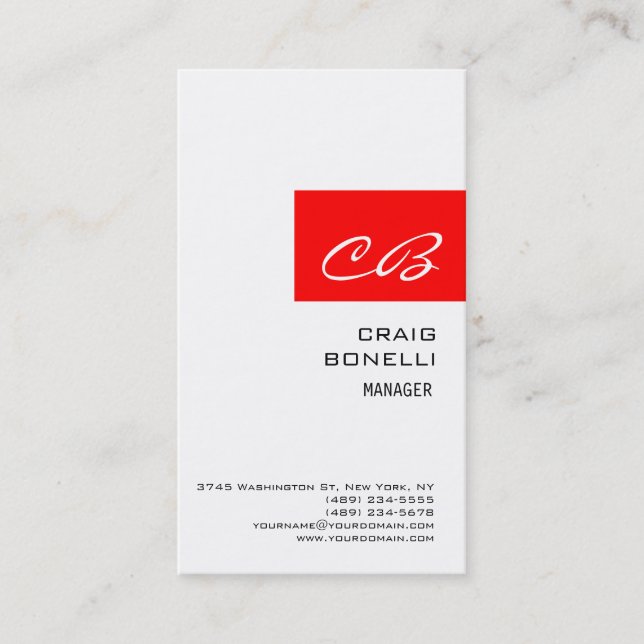 Affärskortet Modern Monogram White Red Plain Visitkort (Framsida)