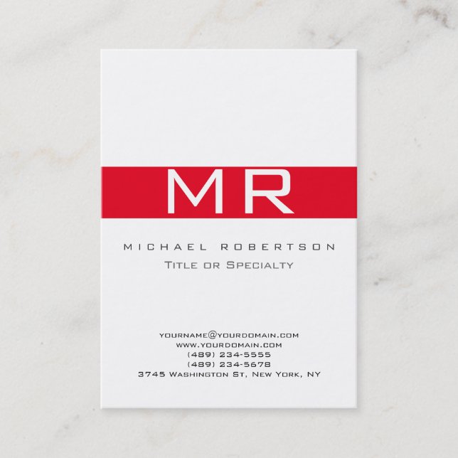 Affärskortet Modern Monogram White Red Visitkort (Framsida)