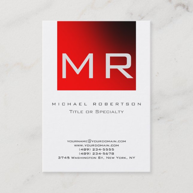 Affärskortet Modern Monogram White Red Visitkort (Framsida)