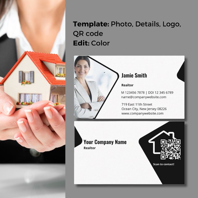 Affärskortet Modern QR-kod för svartvitt Visitkort (Modern Black & White Realtor QR Code Business Card with Profile Photo)
