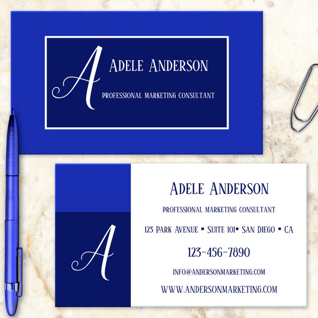 Affärskortet Monogram Blue PR Marknadsföring-mall Visitkort (An elegant business card featuring your own design - easily customizable templates)