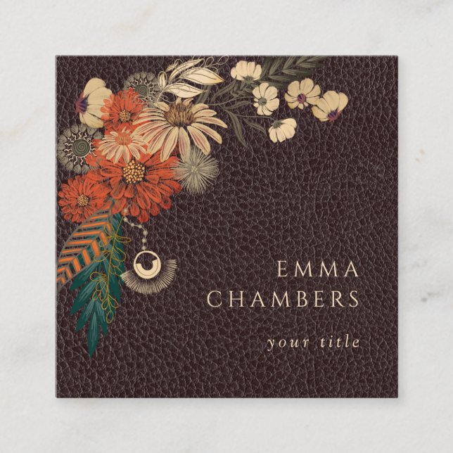 Affärskortet Moto Boho Blommigt Brown Leather Fyrkantigt Visitkort (Framsida)