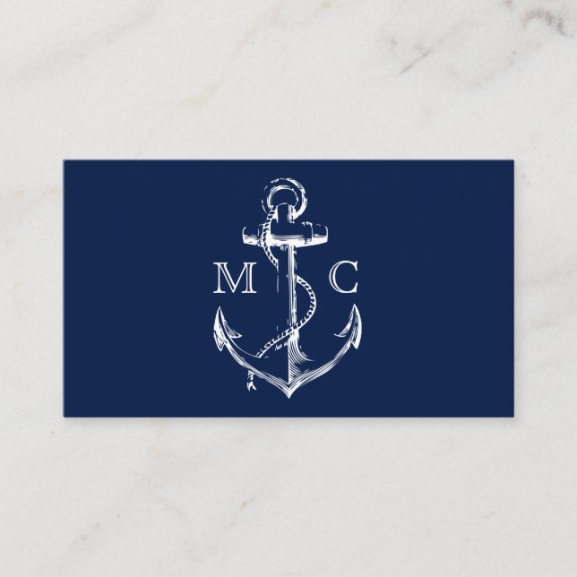 Affärskortet Navy Nautical Anchor Monogram Visitkort (Framsida)