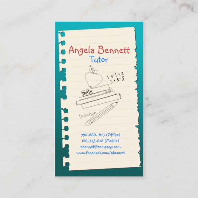 Affärskortet One Page Doodle Tutor Turcouise Visitkort (Framsida)