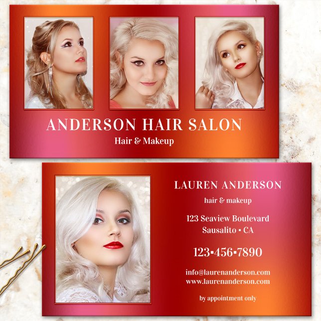 Affärskortet Photos Glam Hair Beauty Visitkort (Glam colorful photo business card for a beauty professional, hair stylist, makeup or nail salon)