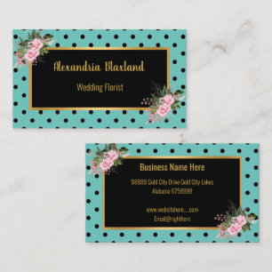 AFFÄRSKORTET POLKA DOT BLACK GULD AQUA BLOMMIGT VISITKORT