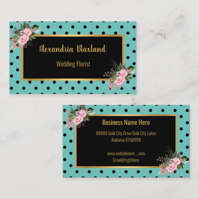 AFFÄRSKORTET POLKA DOT BLACK GULD AQUA BLOMMIGT VISITKORT (Fram/baksida)