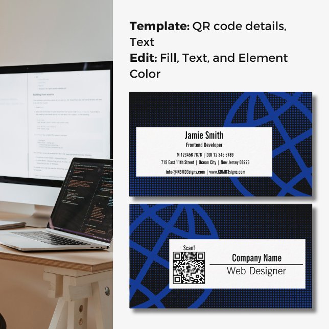 Affärskortet professionell Blue Webben Designer Visitkort (Professional Blue Web Designer Business Card, WWW symbol, QR code)