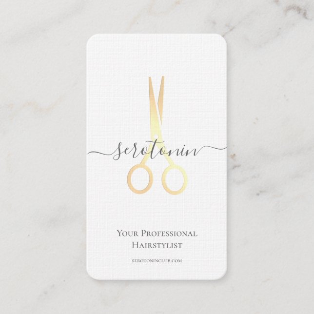 Affärskortet QR Code Guld Scissor Hairstylist Visitkort (Framsida)