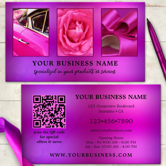 Affärskortet QR-foto för Shock rosa-hämtning Visitkort (Business card featuring your custom photos on an eye-catching hot pink purple design - with QR code)