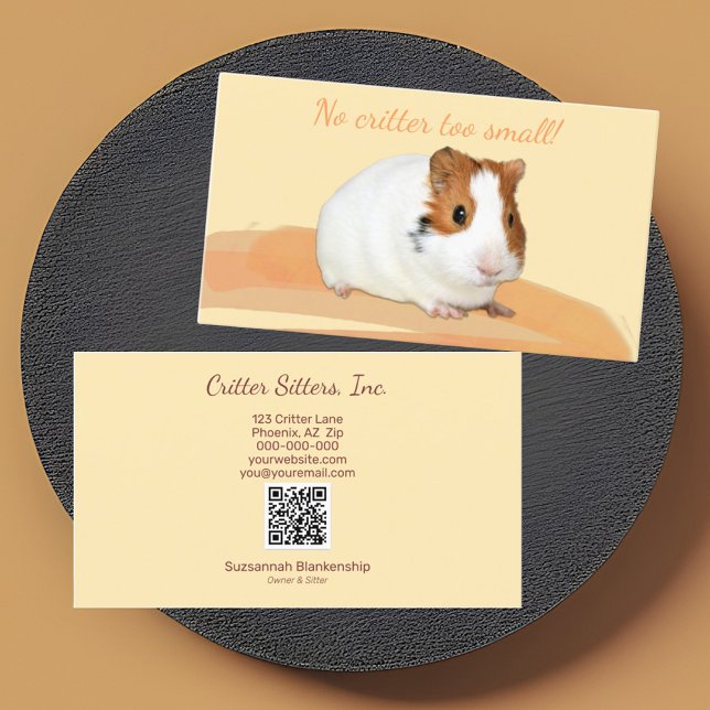 Affärskortet QR-kod för Cute Pet Sitter Guinea Gri Visitkort (business card front and back design)