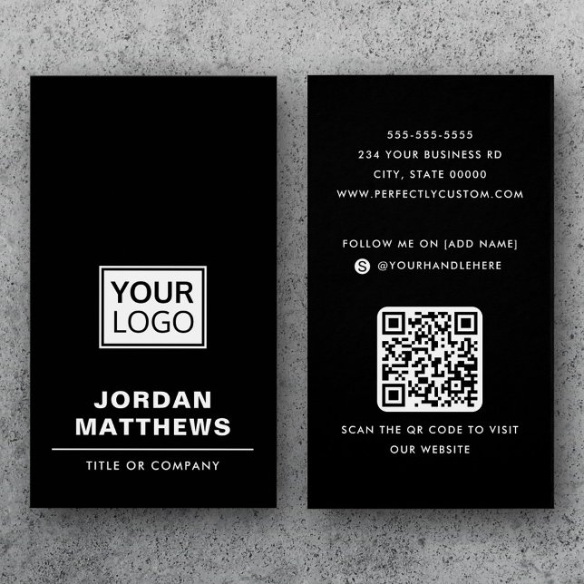Affärskortet QR-kod för social-media i svart, lägg Visitkort (Black add logo social media QR code business card)