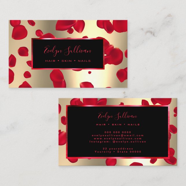 Affärskortet Red Petals Faux Gold Foil Visitkort (Fram/baksida)