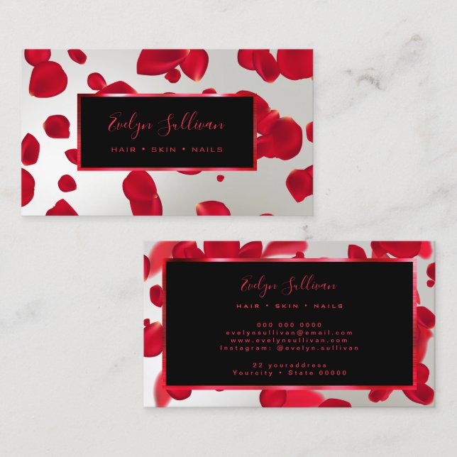 Affärskortet Red Petals Faux Silver Foil Visitkort (Fram/baksida)