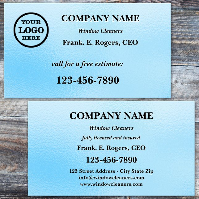 Affärskortet Rengöring av blå glasruta Visitkort (Professional window cleaner business card featuring a blue frosted glass design)