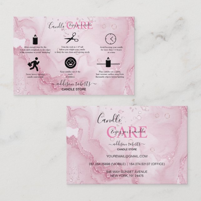 Affärskortet rosa Aesthetic Candle Care Square Visitkort (Fram/baksida)