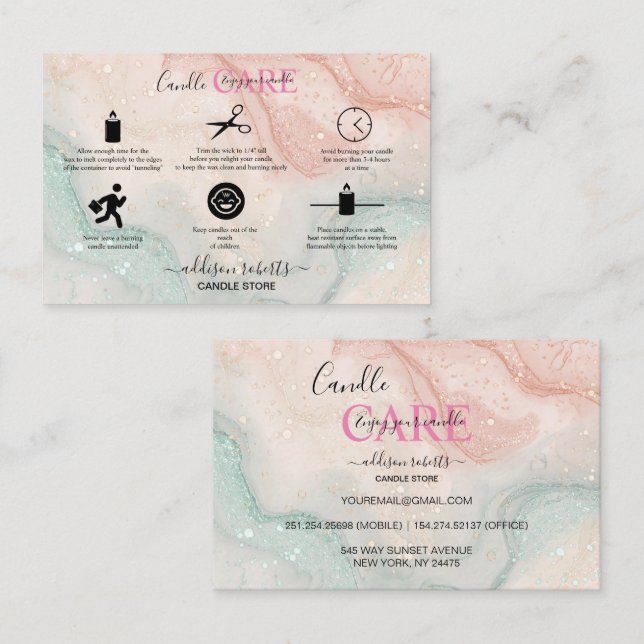 Affärskortet rosa Aesthetic Candle Care Square Visitkort (Fram/baksida)
